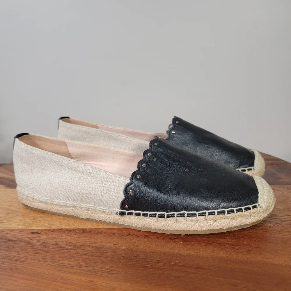 Kate Spade Gardenia Black Leather and Cream Espadrilles Size 8 Scalloped Summer